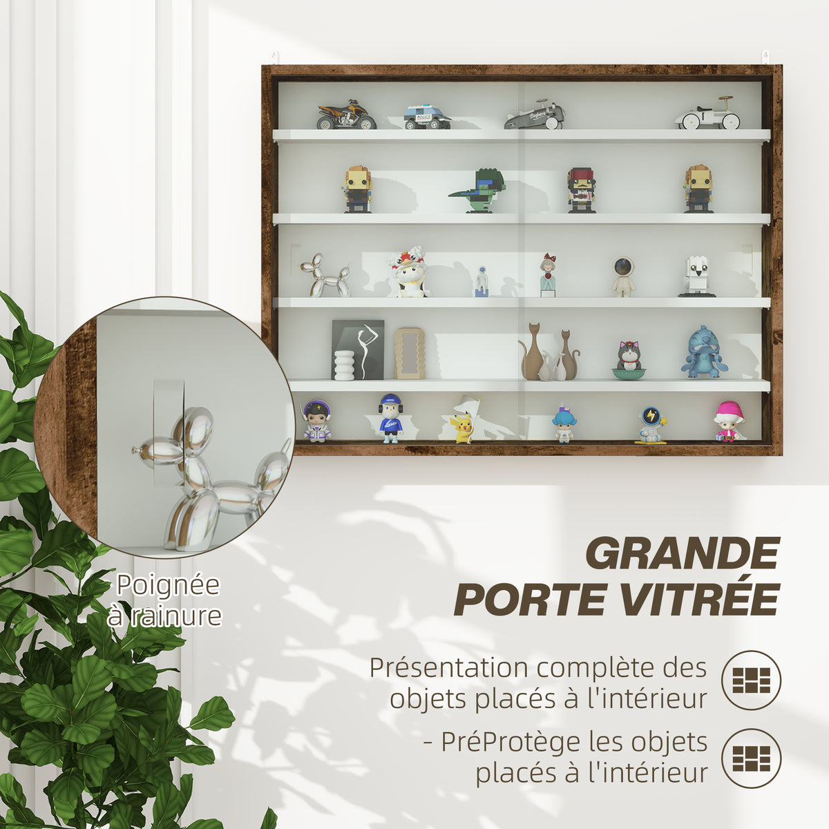 Vitrine murale pour objets de collection 5 étagère réglables en hauteur et 2 portes coulissantes 80 x 9,5 x 60 cm marron-4