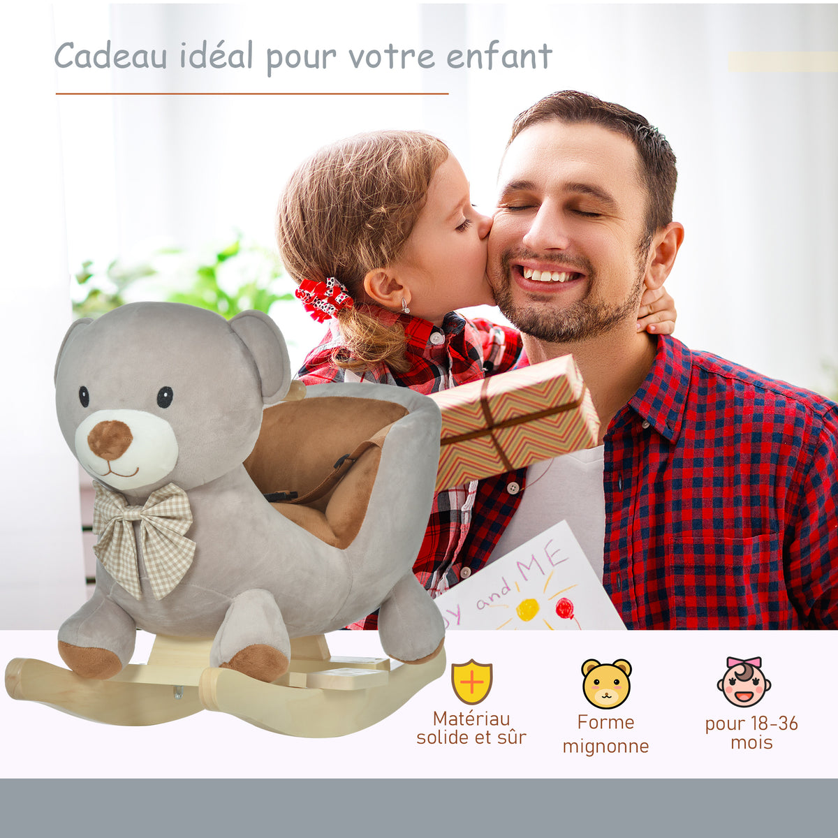 Cheval à Bascule Jouet à Bascule Ourson pour Enfants de 18-36 Mois Fauteuil intégré Ceinture de sécurité Fonction sonore grognement Gris Marron-3