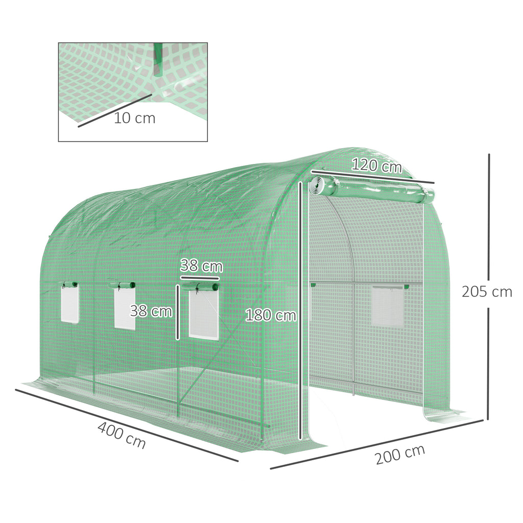 Serre de Jardin Tunnel Surface Sol 8 m² 4L x 2l x 2,05H m châssis Tubulaire Porte zippée 6 fenêtres enroulables vert-2