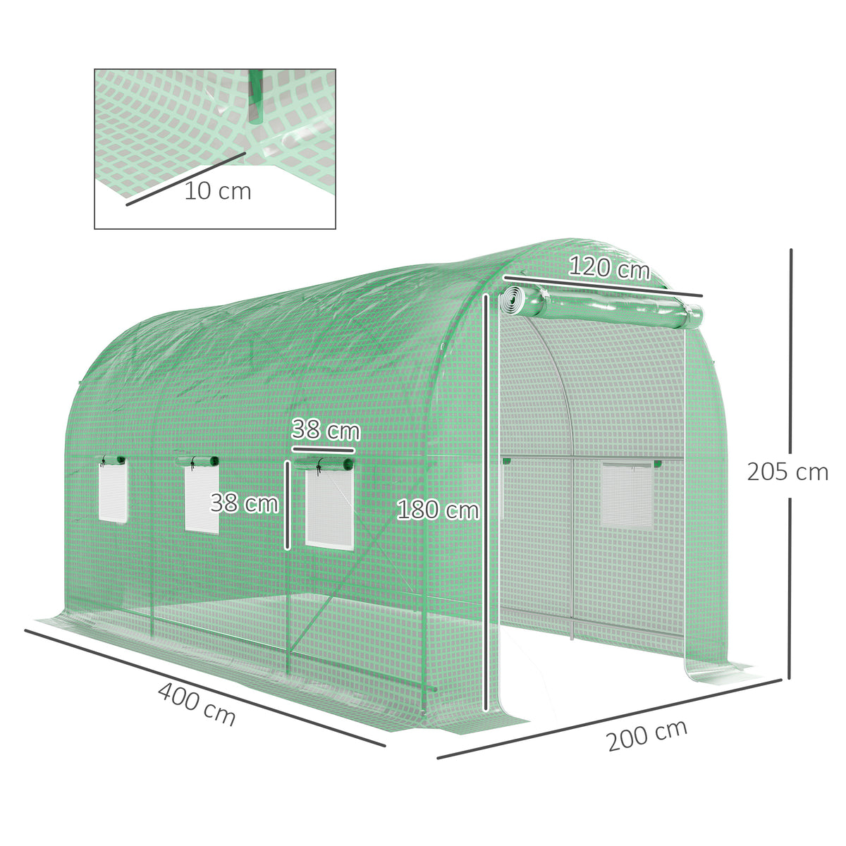 Serre de Jardin Tunnel Surface Sol 8 m² 4L x 2l x 2,05H m châssis Tubulaire Porte zippée 6 fenêtres enroulables vert-2
