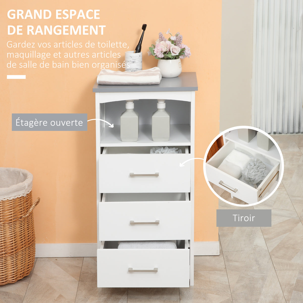 Meuble de salle de bain sur pied meuble de rangement avec 3 tiroirs et 1 niche 40 x 33 x 80 cm blanc-3