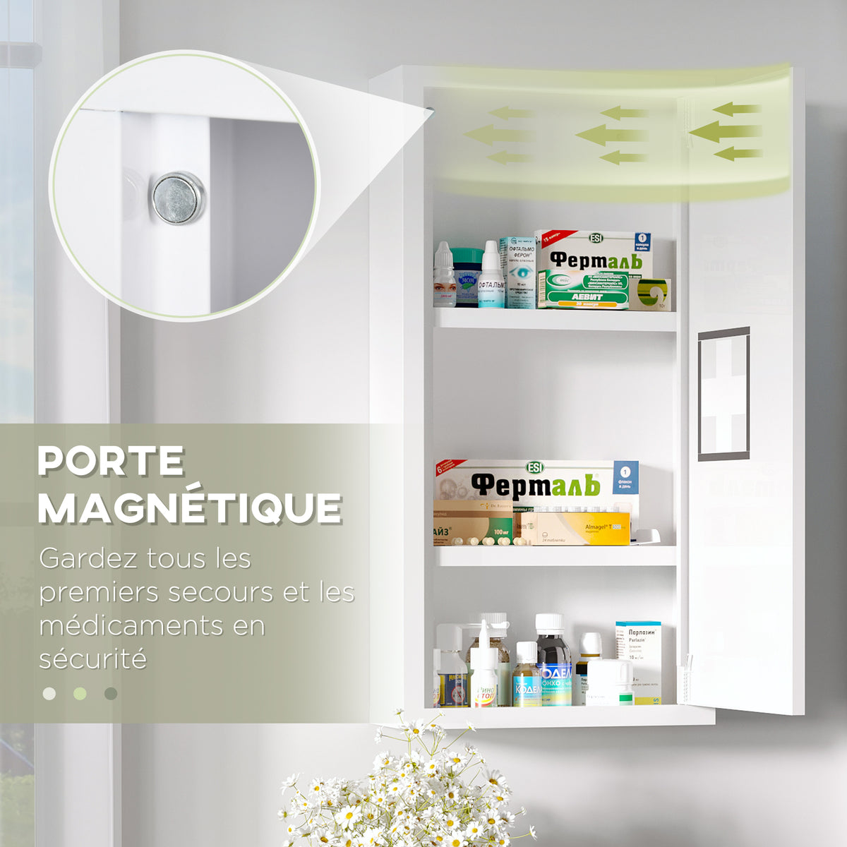 Armoire à pharmacie murale 2 étagères 3 niveaux avec porte aimantée métal 30 x 12 x 60 cm blanc-5