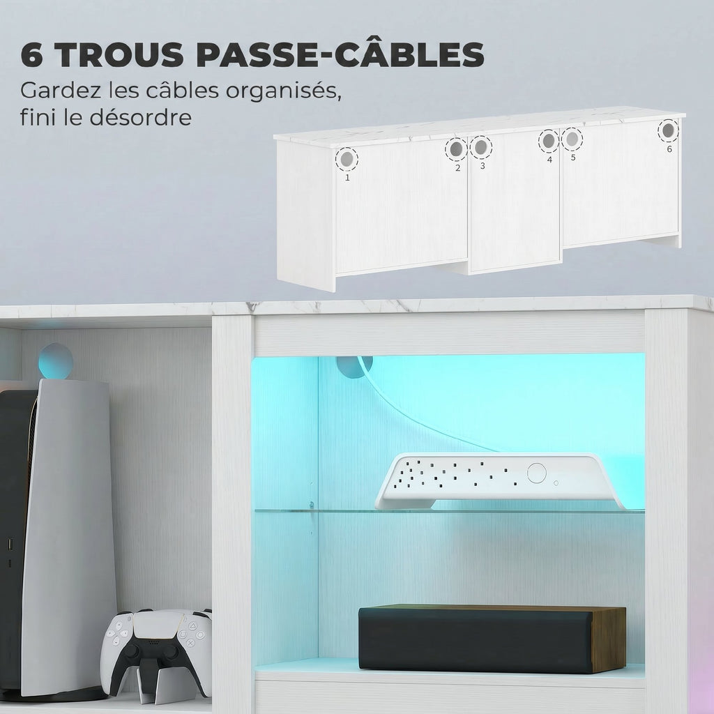 Meuble TV avec éclairage LED pour télévision jusqu'à 70 pouces, 160cm avec étagères en verre réglables, blanc-6