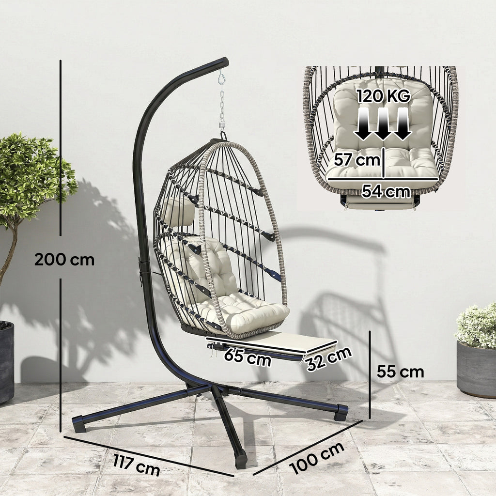 Fauteuil suspendu avec support, chaise suspendue pliante avec repose-pieds rétractable, gris clair-2