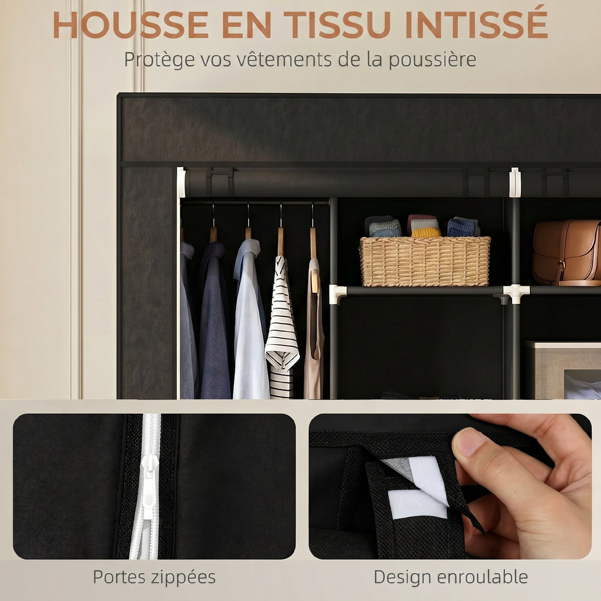 Armoire penderie en tissu, meuble de rangement mobile 10 roulettes avec 10 compartiments, barres de suspension, noir-4