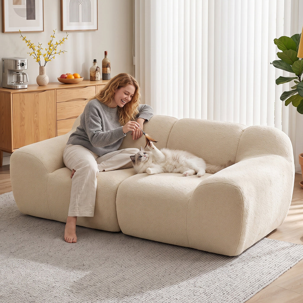 Canapé 2 Places en Chenille, Canapé de Salon 174cm, Assise et Accoudoirs Larges Rembourrés, Entièrement Compressé, Beige-9
