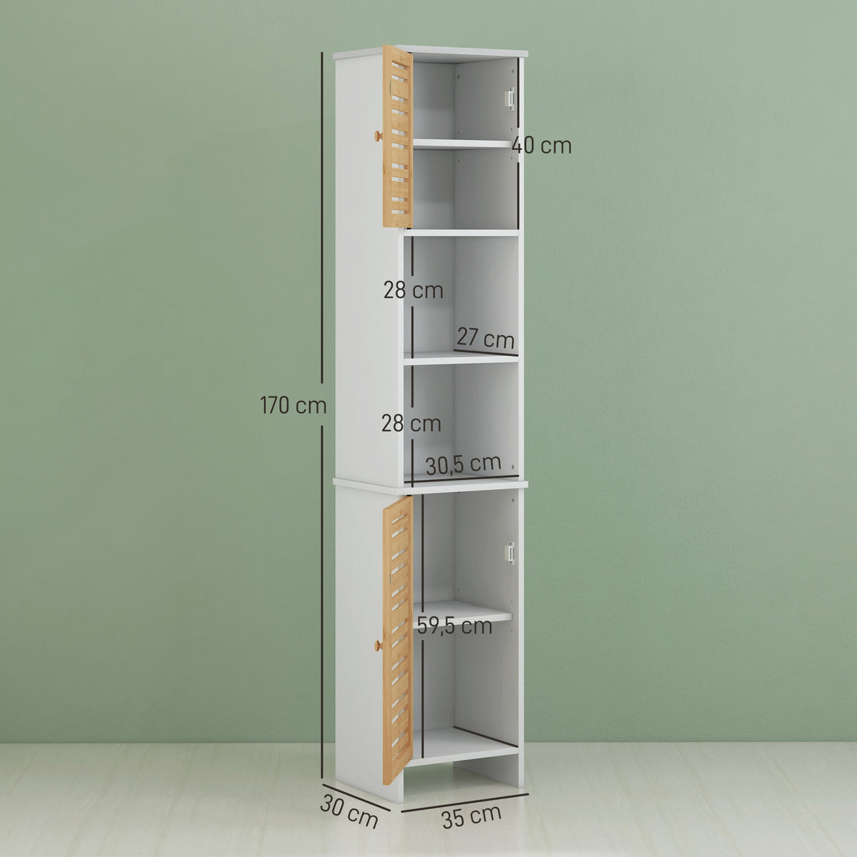 Meuble Colonne Rangement Salle de Bain bicolore dim. 35L x 30l x 170H cm 2 placards avec étagère réglable + 2 niches-2