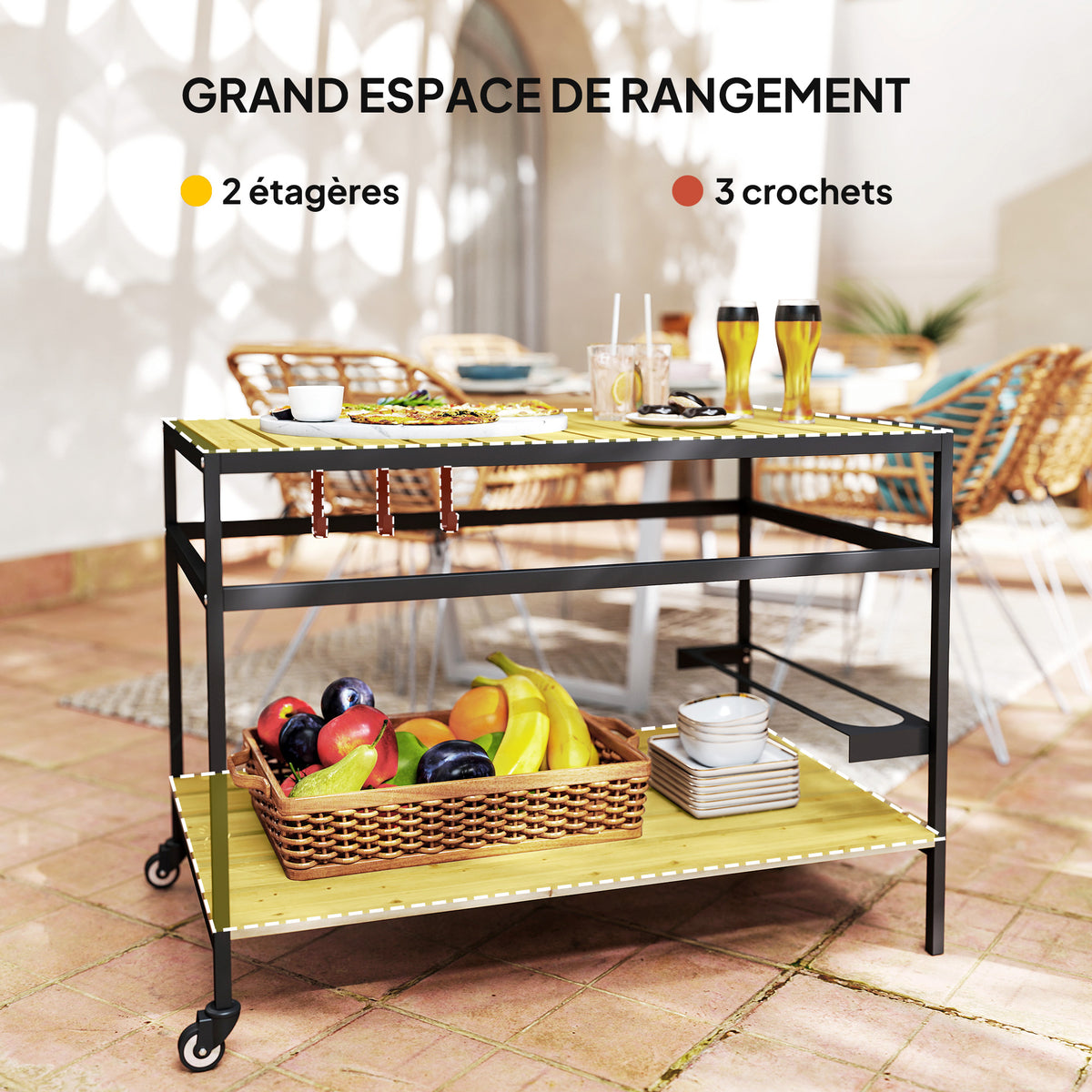 Desserte de jardin chariot pour plancha en bois et métal 2 étagères 3 crochets 107 x 65 x 80 cm noir naturel-3