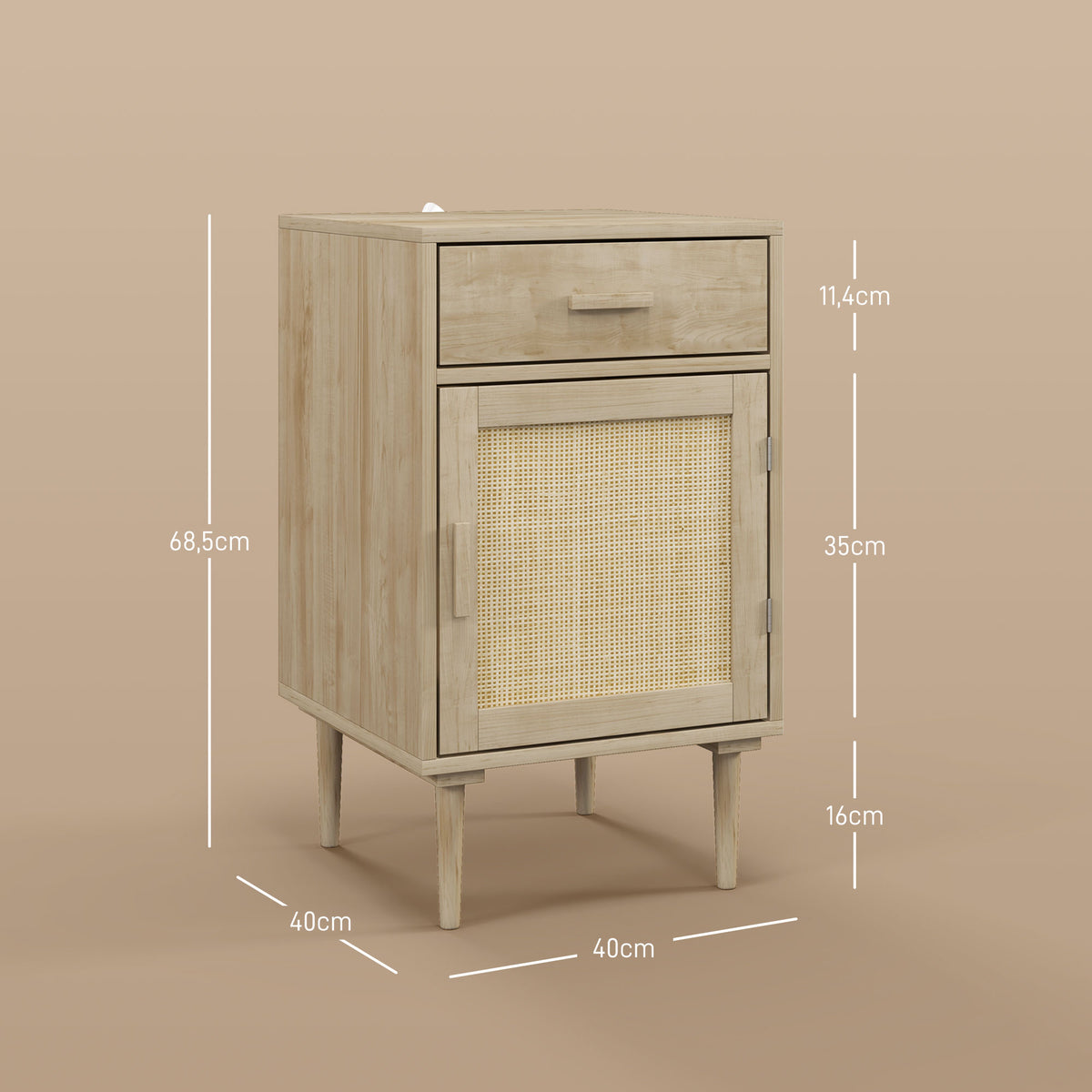 Table de chevet avec placard et étagère porte rotin tissé 1 tiroir design bohème - 40 x 40 x 68,5 cm naturel-2
