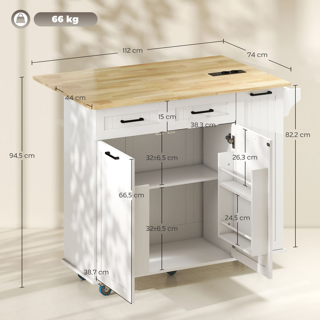 Îlot central cuisine mobile avec prise de courant et port USB, tablette à abattant, étagère réglable blanc-2