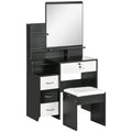 Ensemble de coiffeuse table de maquillage avec tabouret rembourré grand miroir + plusieurs étagères ouvertes + 4 tiroirs blanc noir-0