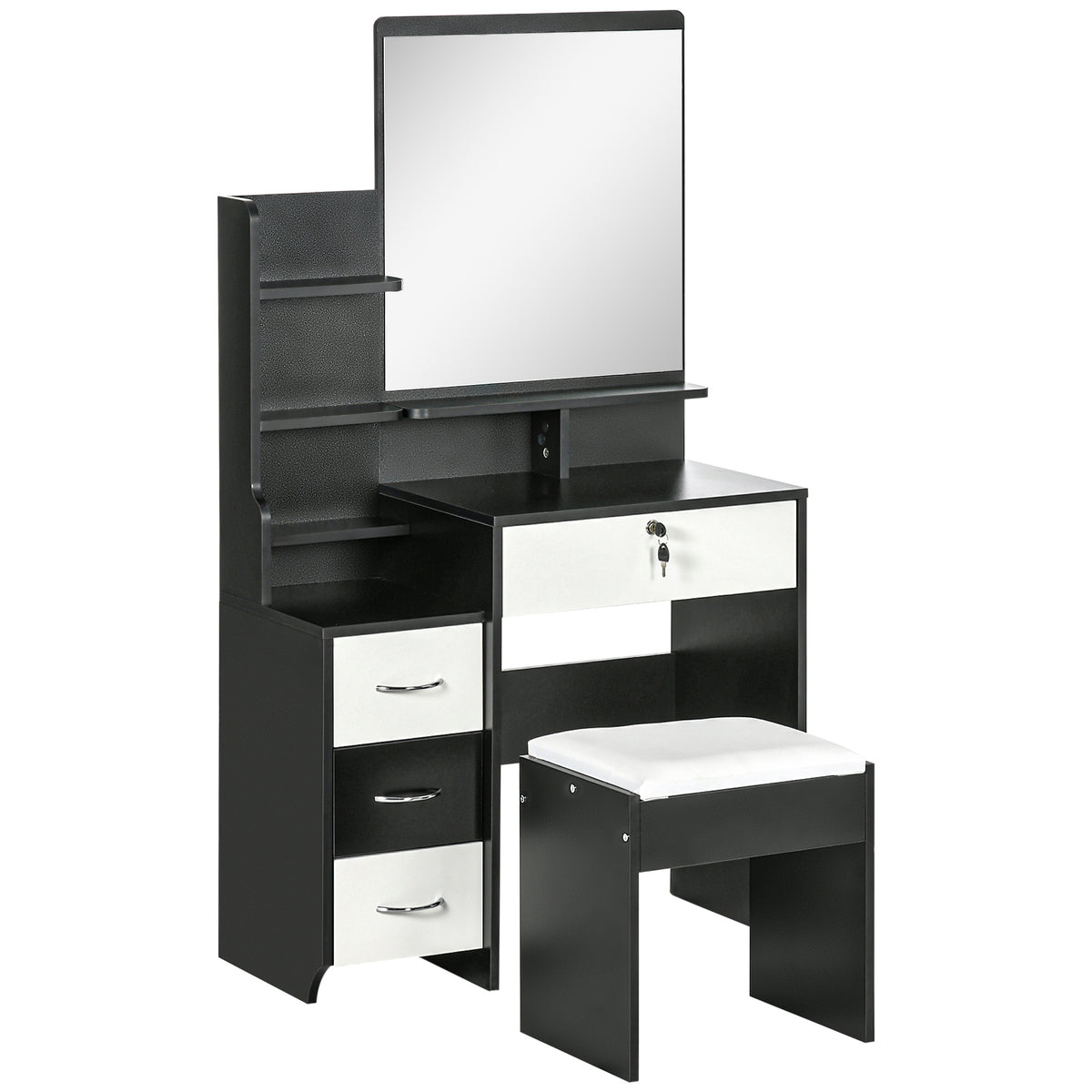 Ensemble de coiffeuse table de maquillage avec tabouret rembourré grand miroir + plusieurs étagères ouvertes + 4 tiroirs blanc noir-0