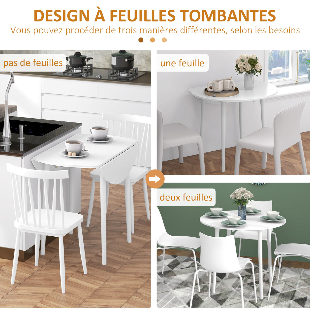 Table de salle à manger pliante 2 abattants, table ronde extensible pour 4 personnes, pieds en bois Ø 89 x 73,5 cm, blanc-3