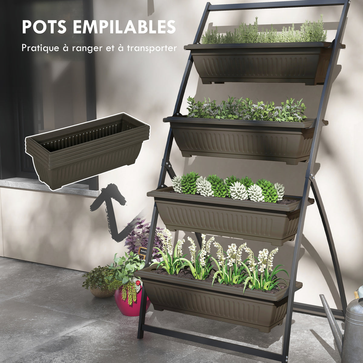 Étagère à Fleurs en Acier 4 Niveaux, Support de Plantes Vertical avec 4 Bacs et Trous de Drainage, 76x79x162cm, Marron-6