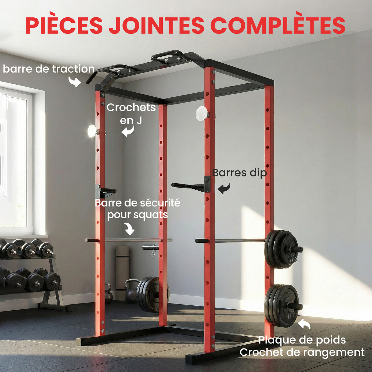 Station de Musculation Multifonction Acier Charge 460 kg, Barre de Traction, Rack de Squat, Dips, 160x112x215cm, Rouge-5