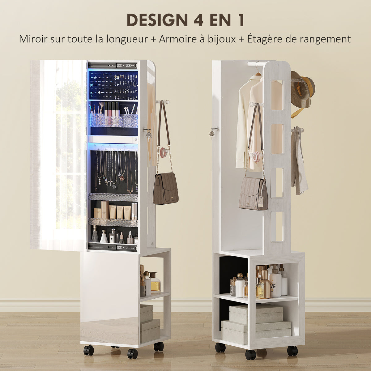 Armoire à bijoux armoire avec miroir sur pied pivotante à 360° éclairage LED 37x40x165,5cm cadre blanc, doublure noire-3