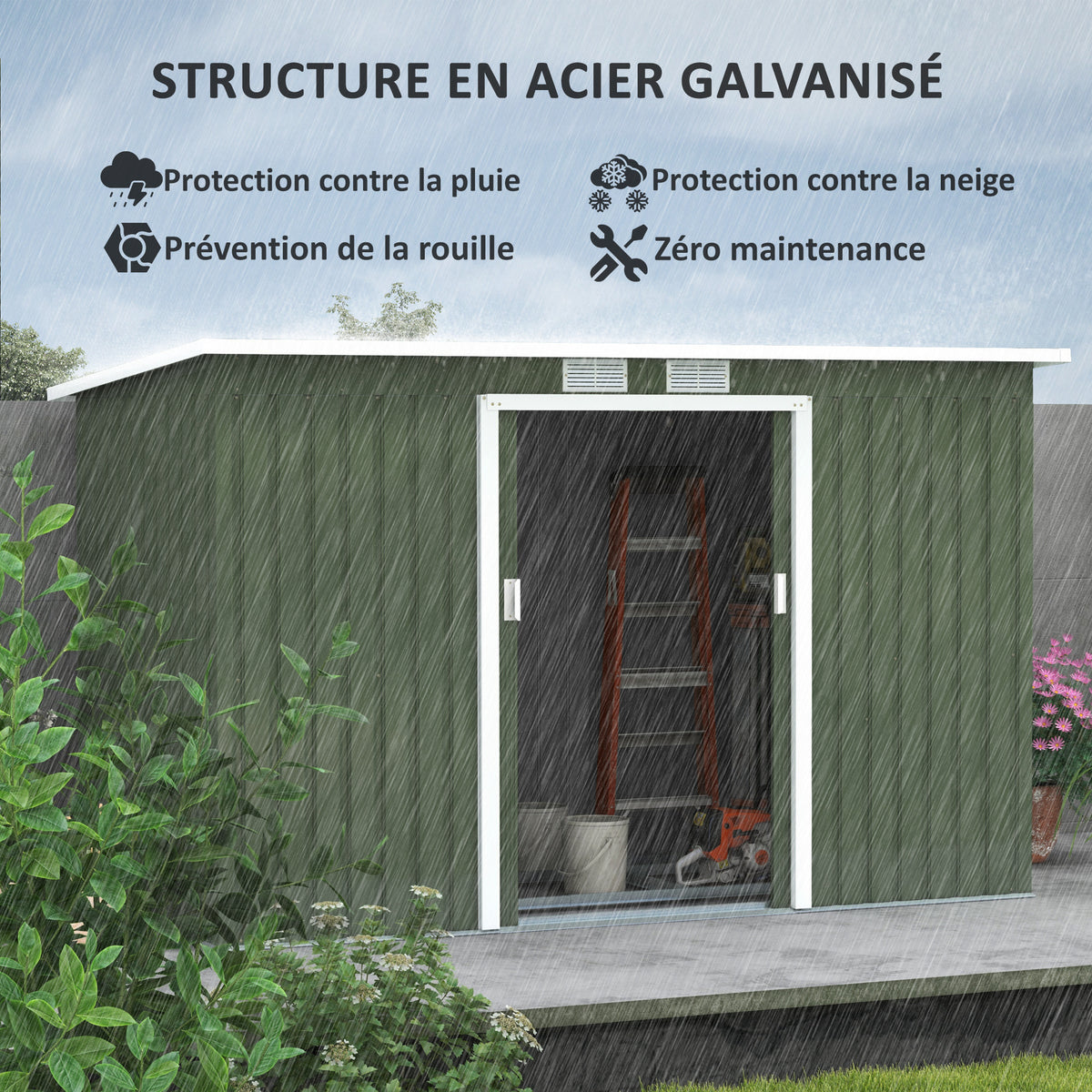 Abri de Jardin 3,6 m² Remise à Outils avec kit de fondation en Acier galvanisé avec Portes coulissantes Vert clair-3