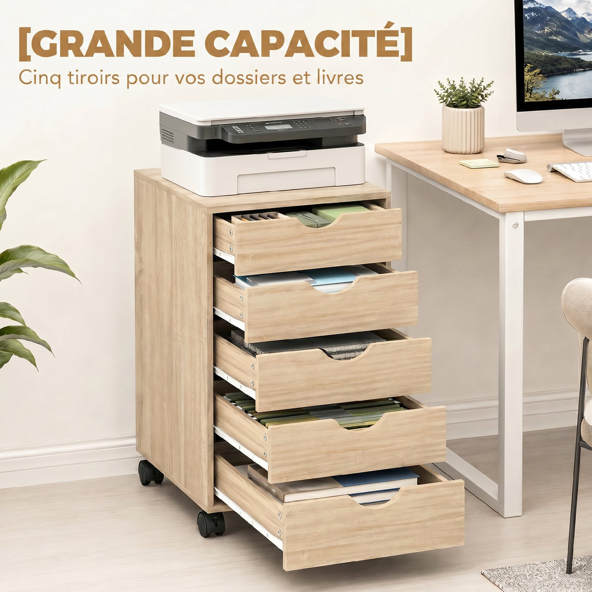Caisson bureau mobile, meuble rangement sur roulettes avec 5 tiroirs, bois, 40 x 40 x 67 cm, chêne-3