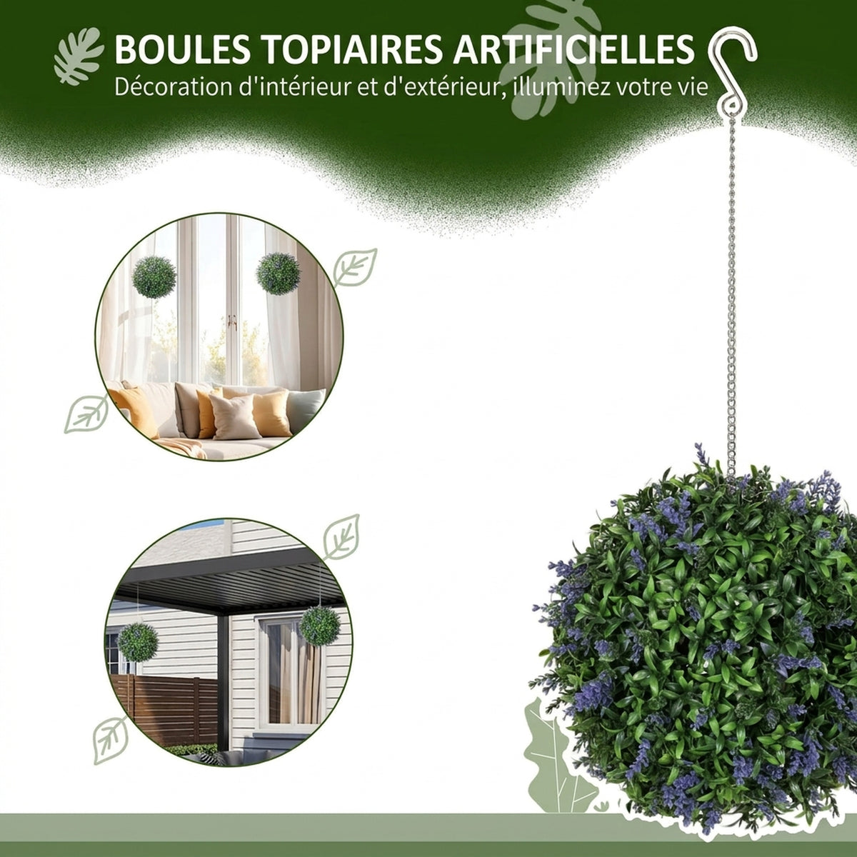 Lot de 2 boules topiaires artificielles, fausses plantes décoratives résistantes aux UV, Ø 27 cm, violet et vert-3