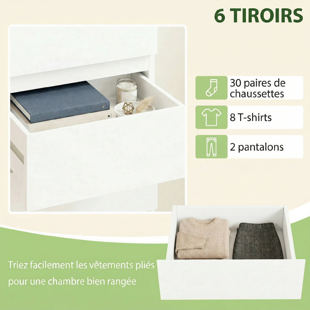Commode 6 tiroirs à haute brillance, meuble de rangement étroit sans poignées, 40 x 35 x 109 cm, blanc-4