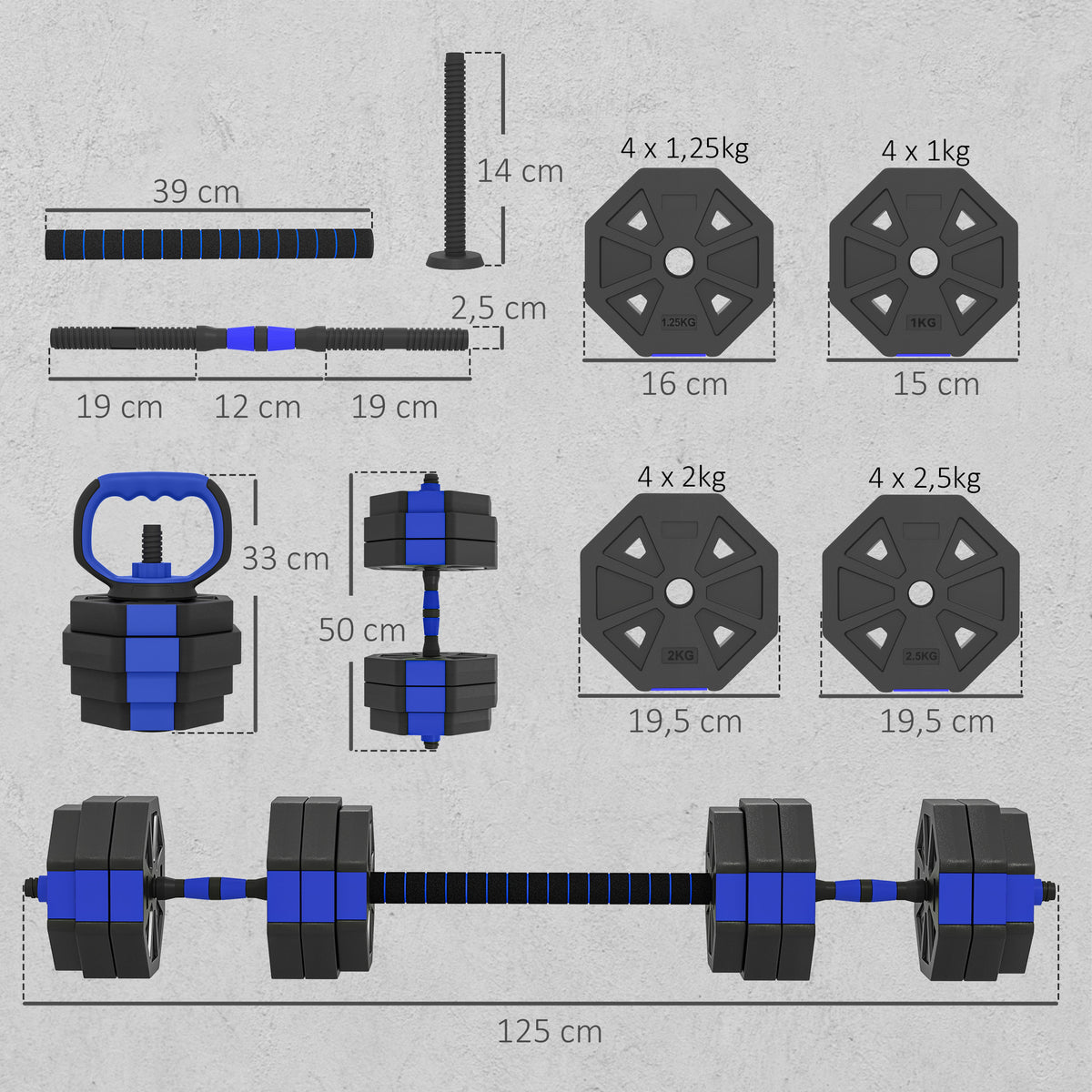 Ensemble d'Haltères Musculation 6-en-1 Haltère Réglable 30 kg Kettlebell, Barre de Musculation Support pour Pompes Bleu-2