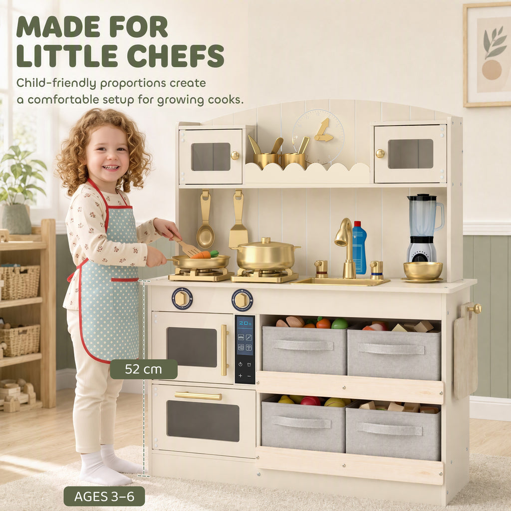 Cuisine Enfant, Cuisine en Bois Enfant Dinette, Effet Lumières et Sons, 4 Bacs en Tissu, 12 Accessoires, 3-6 Ans, Crème-7