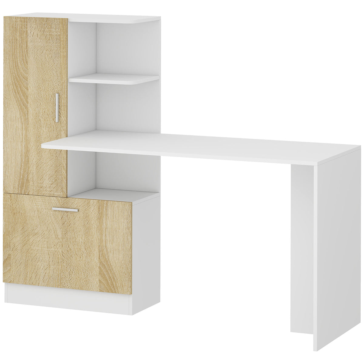 Bureau d'Ordinateur avec Bibliothèque, Bureau Informatique, Placard et Étagères Ouvertes, 150x55x122cm, Blanc et Naturel-0