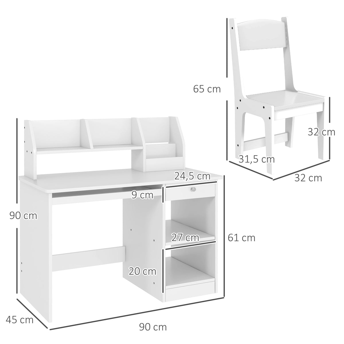 Bureau enfant avec chaise ergonomique avec clavier coulissant tiroir niches et étagères ouvertes 90 x 45 x 90 cm blanc-2