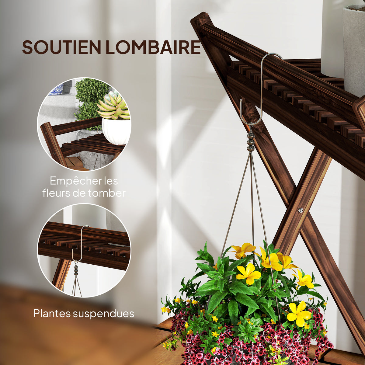 Lot de 2 support plantes intérieur 2 niveaux étagères à plants avec support arrière 73 x 36 x 64 cm marron-5