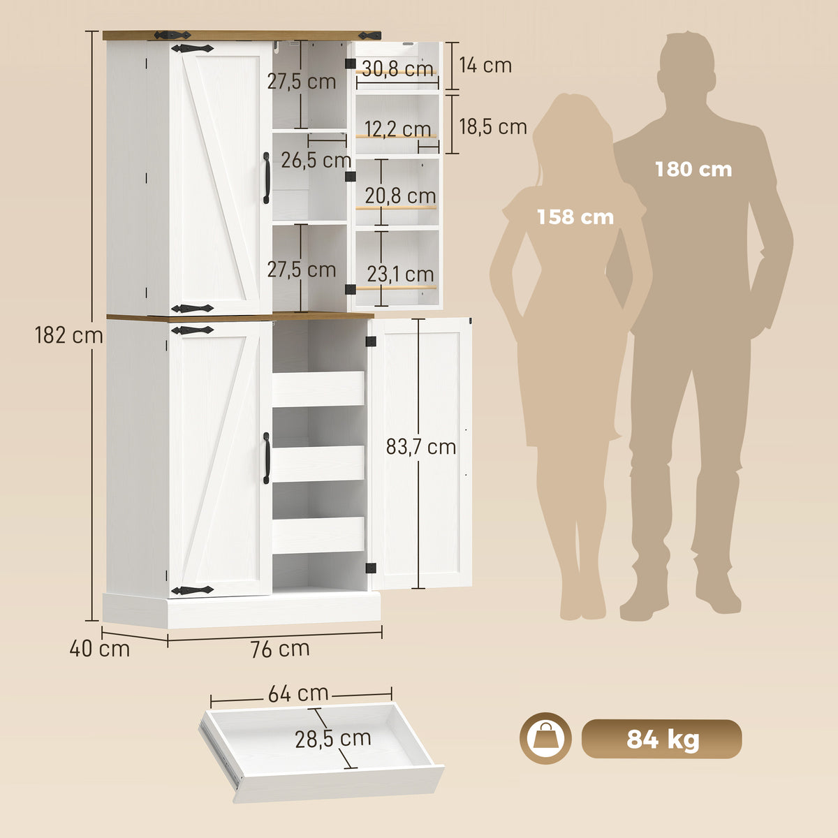 Buffet haut cuisine, armoire de cuisine, 4 portes, 3 tiroirs, 8 porte-racks et étagères réglables, 76x40x182cm, blanc-2