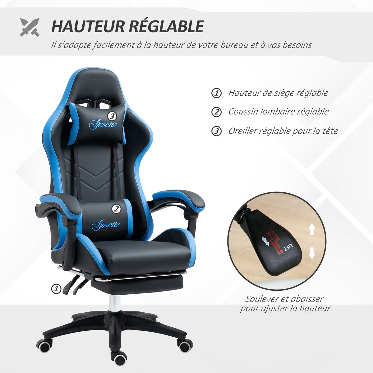 Chaise gaming fauteuil gaming ergonomique avec dossier inclinable à 135° et soutien lombaire, 65 x 65 x 121-129 cm noir-3