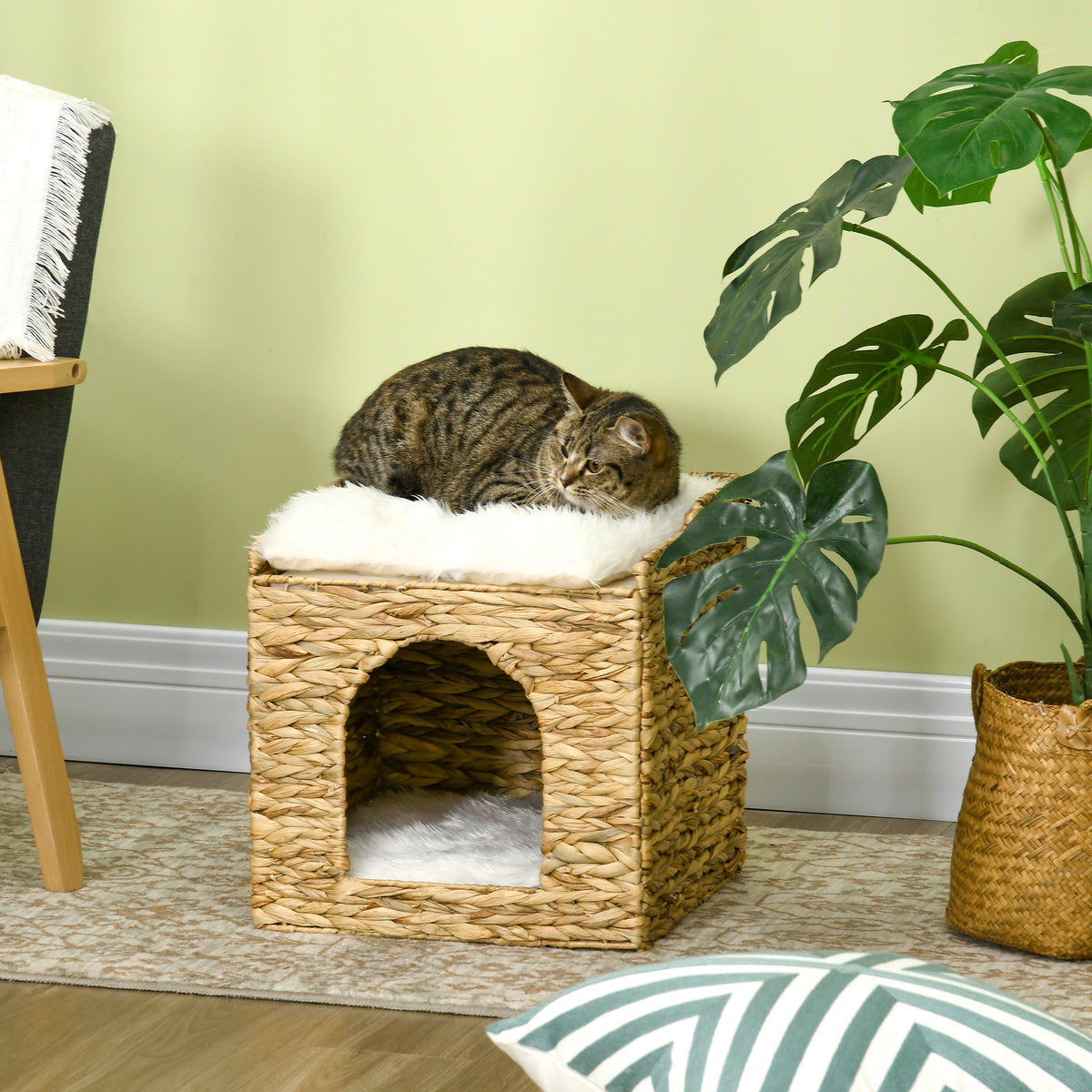 Niche pour chat 2 niveaux avec 2 coussins en jacinthe d'eau - 37,5 x 37,5 x 41,5 cm marron crème-9