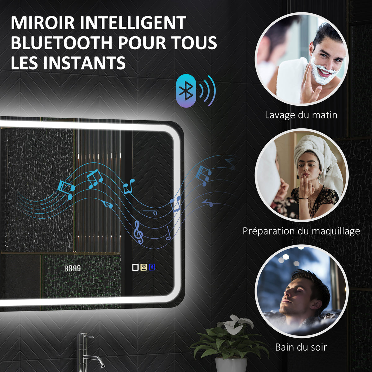 Miroir salle de bain Bluetooth avec éclairage LED 60 x 80 cm, miroir lumineux mural avec horloge, antibuée, argenté-4