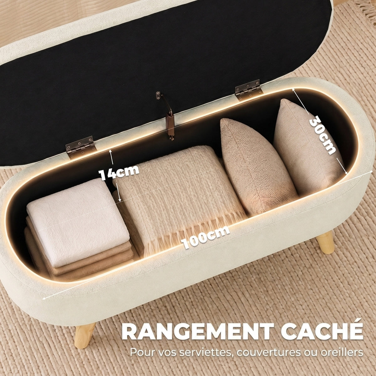 Banc Banquette, Bout de Lit, Coffre de Rangement 2 en 1 en Tissu avec Pieds en Bois, 110L x 40P x 43H cm, Crème-3