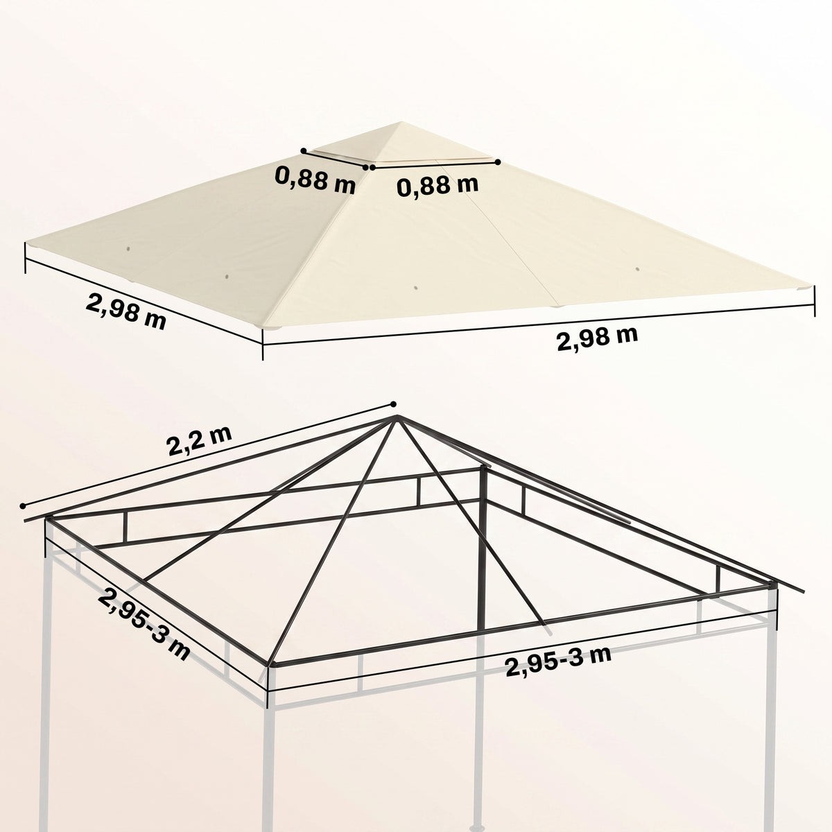 Toile de rechange pour pavillon tonnelle tente toit de remplacement gazebo de jardin polyester 180 g/m² 3 x 3 m crème-2