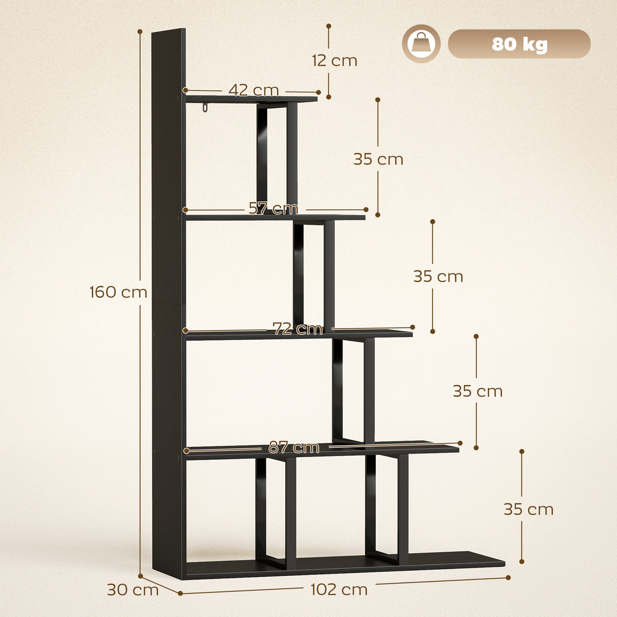 Étagère bibliothèque séparateur de pièce style industriel en escalier 5 étagères 102 x 30 x 160 cm coloris noir-2