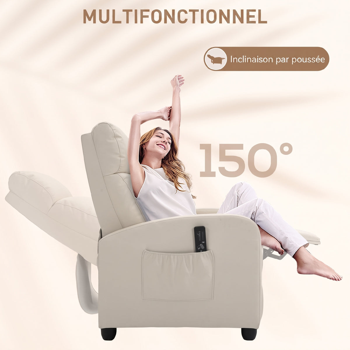 Fauteuil de Relaxation et Massage avec Inclinaison Manuelle Dossier Repose-Pied réglable revêtement synthétique Crème-4