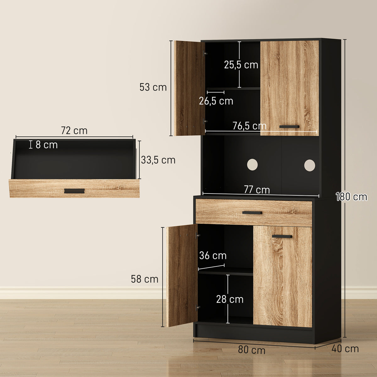 Armoire de cuisine Buffet meuble de rangement, 2 placards 4 portes 1 tiroir, passe-câbles 80L x 40P x 180H cm-2