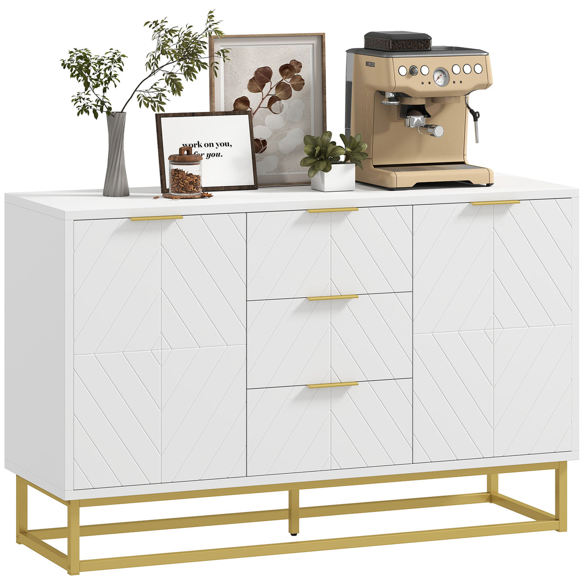 Buffet, meuble cuisine rangement, design contemporain graphique, 2 placards porte, étagères réglables, 3 tiroirs coulissants, bois blanc métal doré, 120 x 40 x 76 cm-0