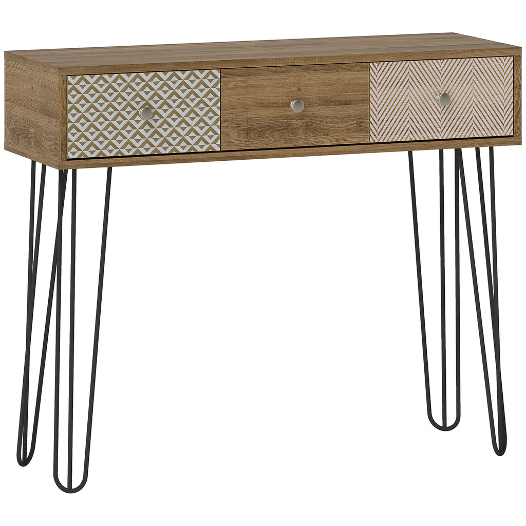 Table console avec 3 tiroirs, table d'entrée étroite avec pieds en épingle à cheveux en acier, 90 x 30 x 75 cm, marron-0