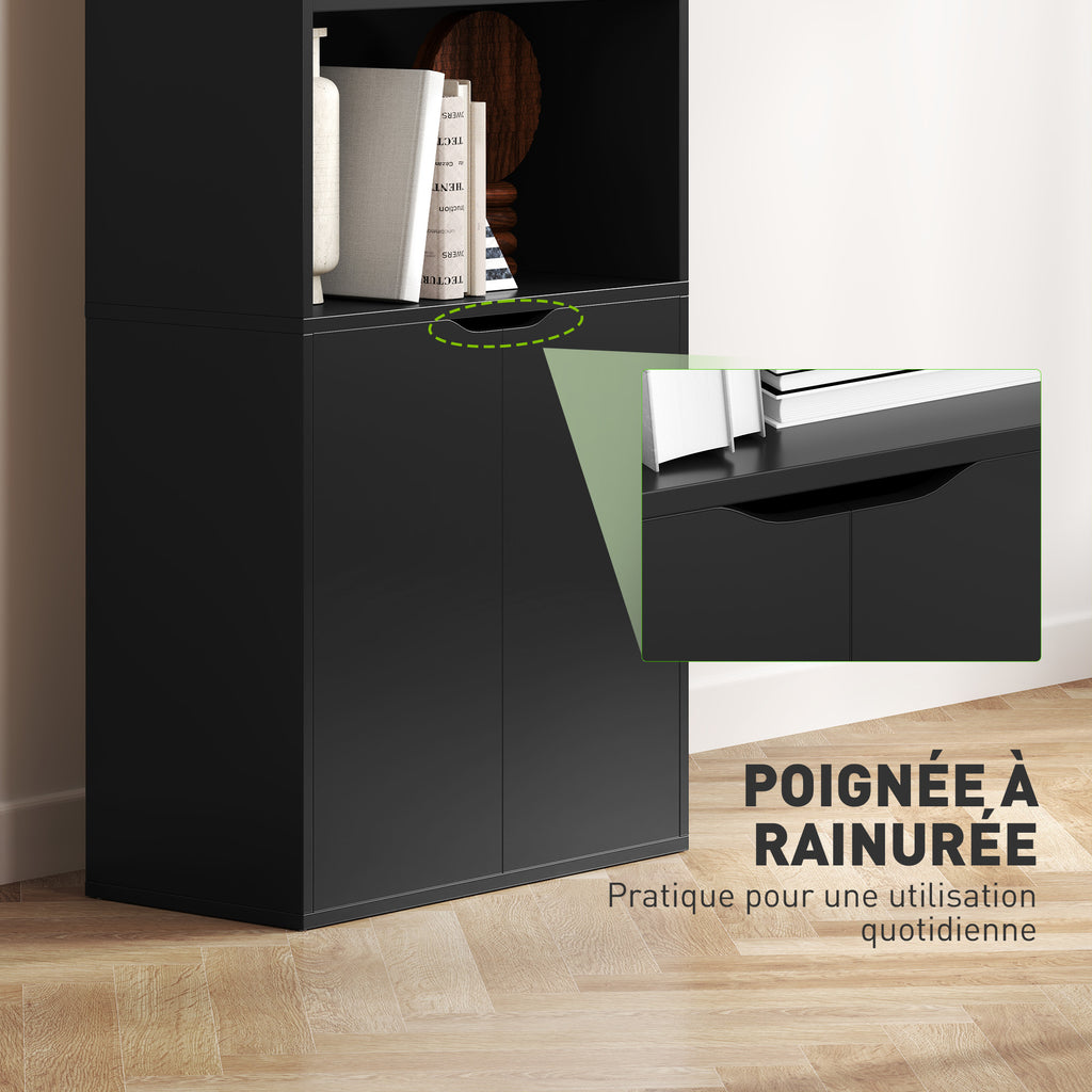 Bibliothèque Armoire à livres avec 4 compartiments ouverts et 2 portes pour le salon et le bureau 59x29x180 cm Noir-5