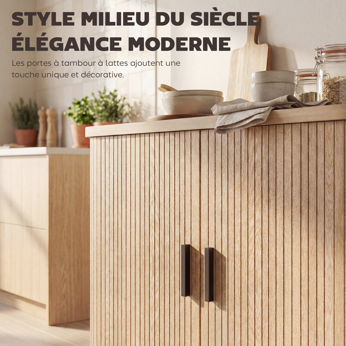 Buffet salon, meuble de rangement avec 2 portes coulissantes en tambour à lattes et 4 compartiments, chêne-3