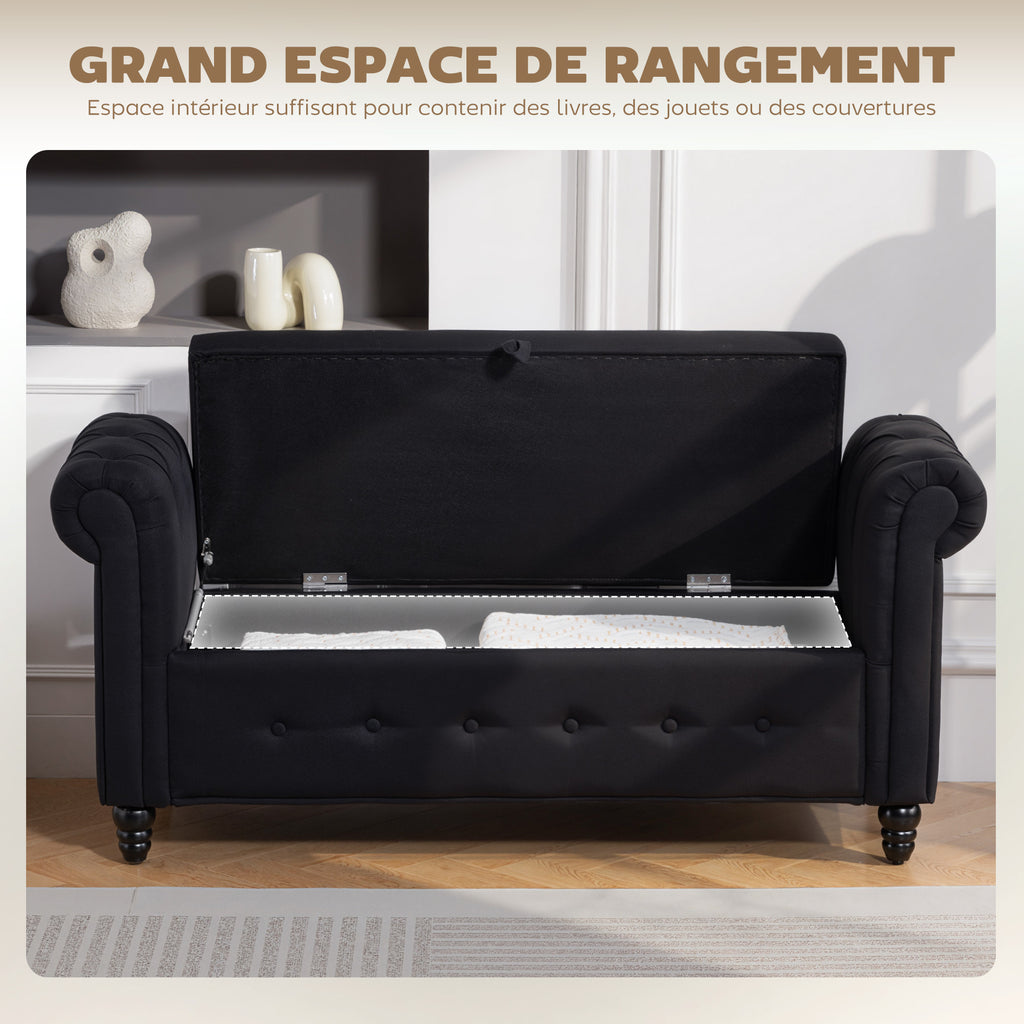 Banc banquette coffre 2 en 1 en tissu aspect lin avec pieds en bois 146,5 x 49 x 72 cm noir-3