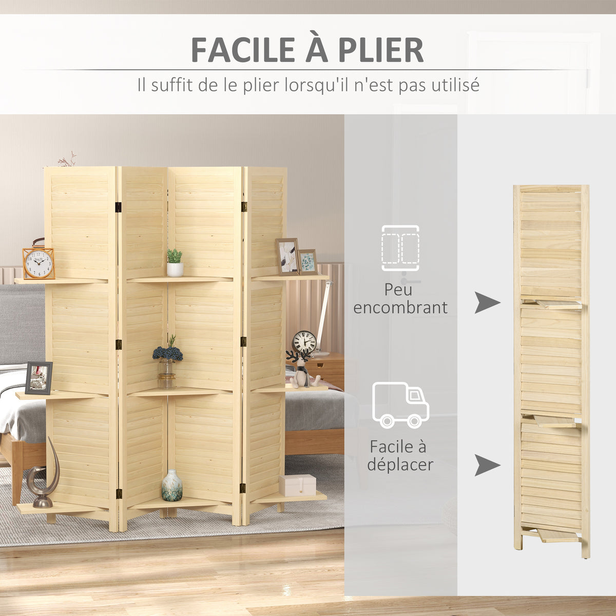 Paravent intérieur 4 panneaux 160L x 170H cm 3 étagères pliables séparateur de pièce portes persiennes naturel-4