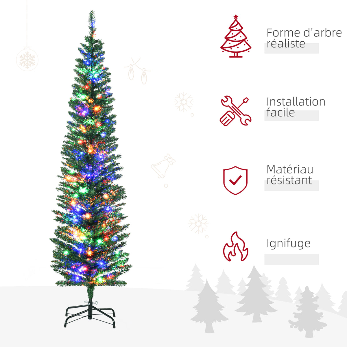 Sapin de Noël artificiel lumineux en forme de crayon 180 cm 150 lumières multicolores 390 branches base en acier vert-3