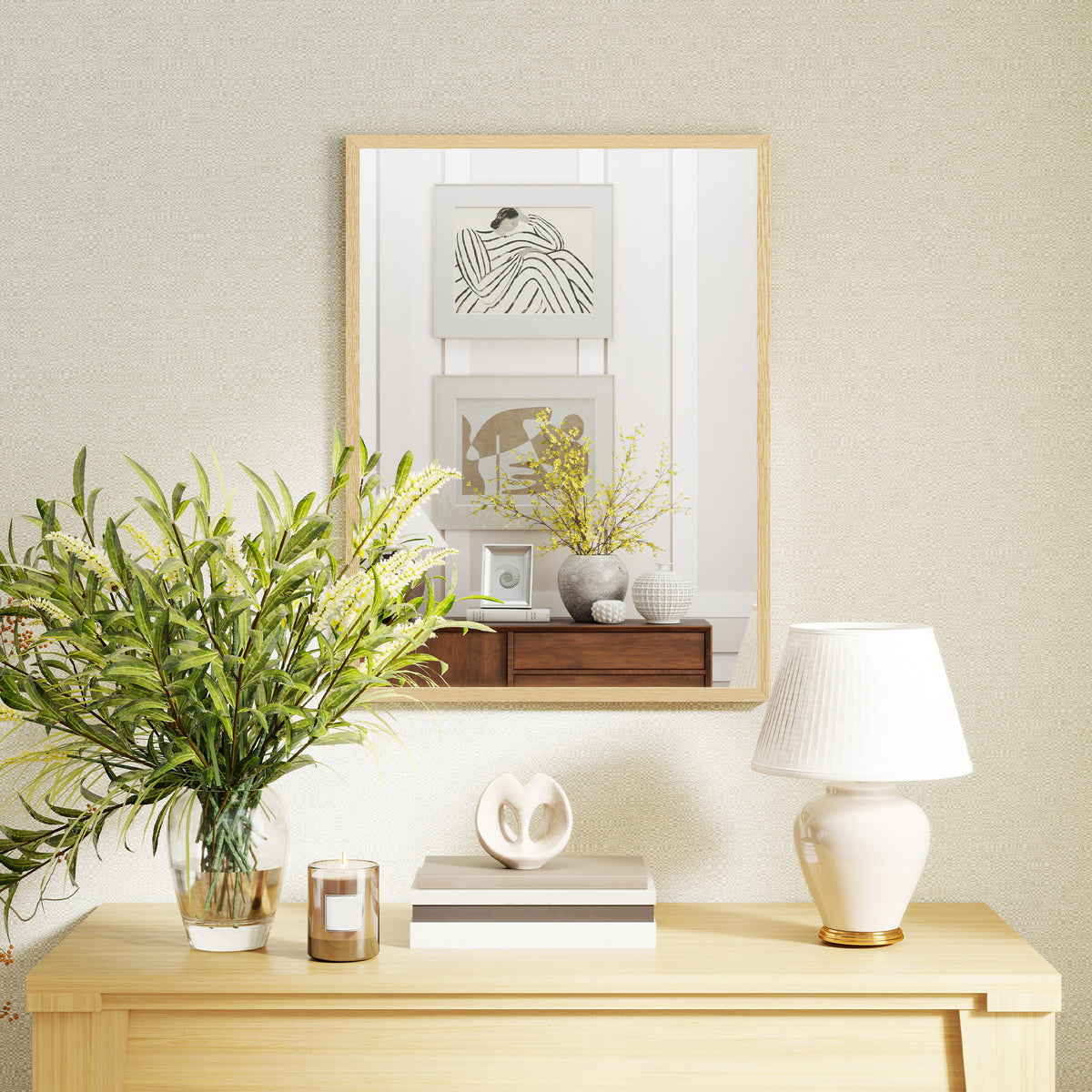 Miroir mural rectangulaire 80 x 60 cm, cadre en bois naturel, idéal pour la salle de bain, salon ou chambre-6