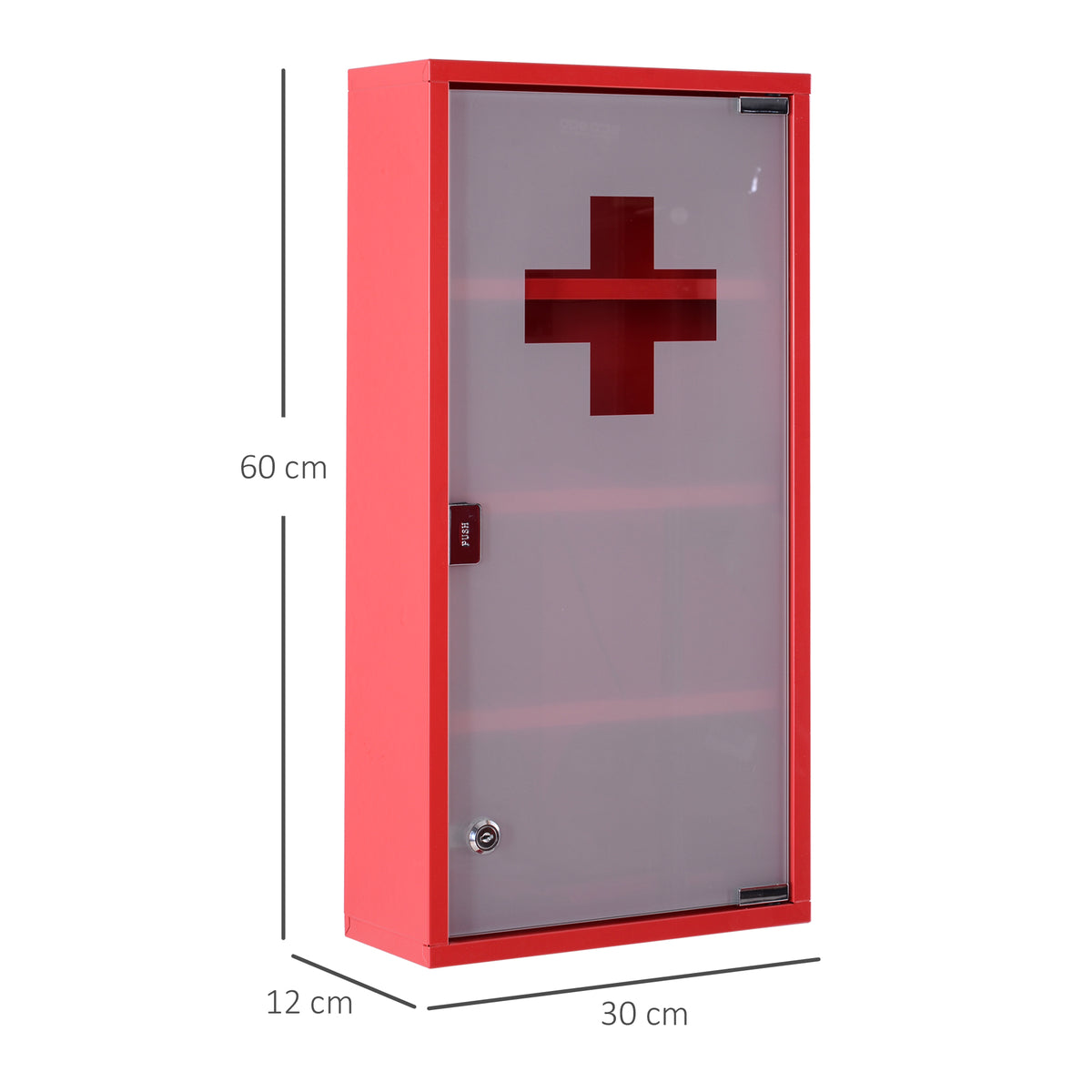 Armoire à Pharmacie 3 étagères 4 Niveaux verrouillable Porte Verre trempé dépoli Logo Croix 30L x 12l x 60H cm Acier Rouge-2