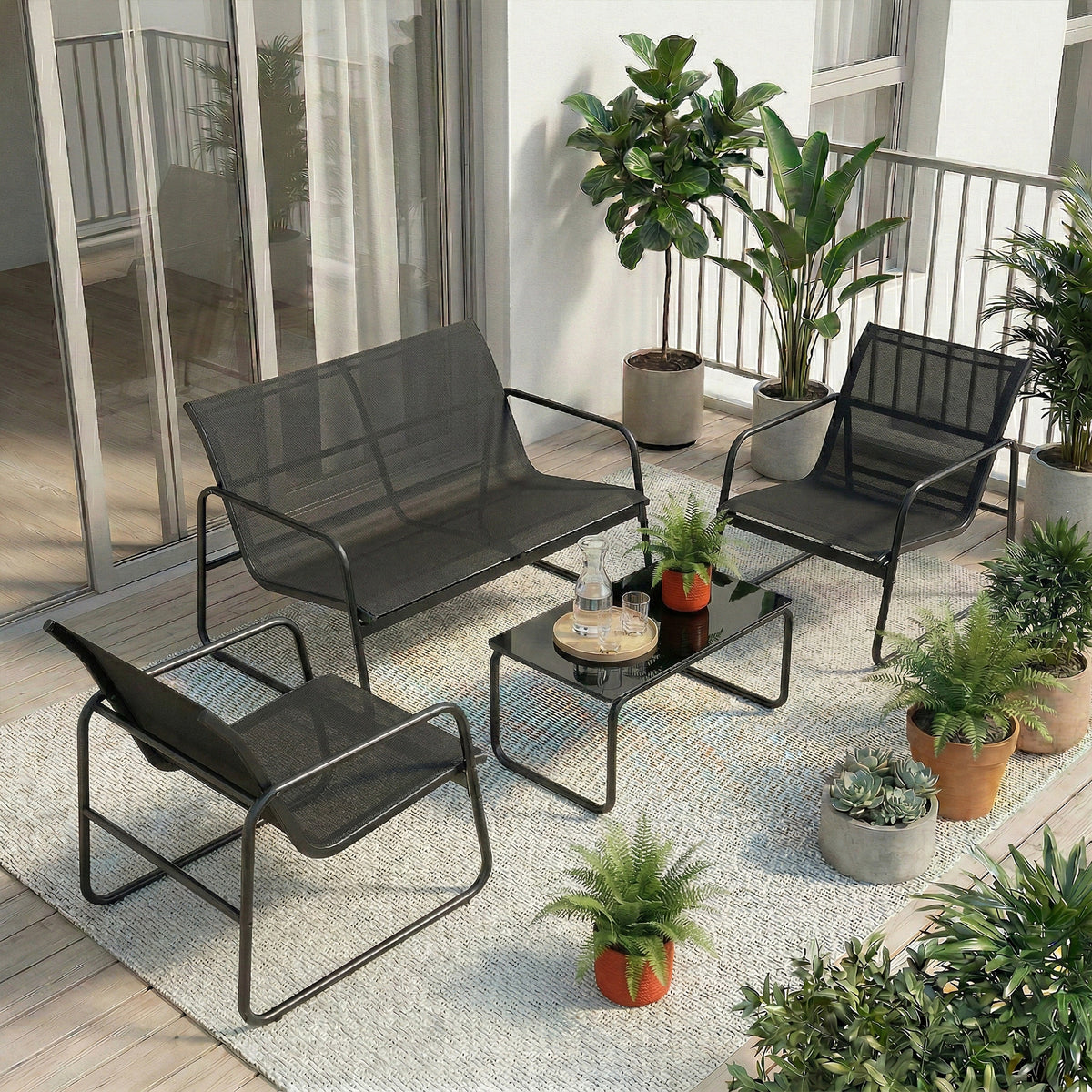 Salon de jardin 4 pièces avec canapé, fauteuils et table basse, gris foncé et noir-8