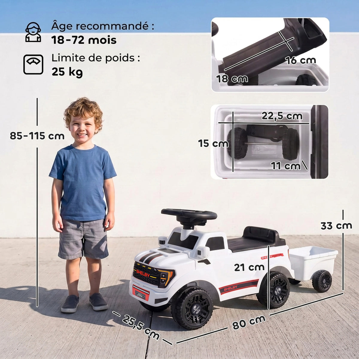 Voiture Porteur pour Enfants Shelby, Dossier, Anti-Basculement, Compartiment, 18-72 Mois, 80x25,5x33cm, Blanc-2