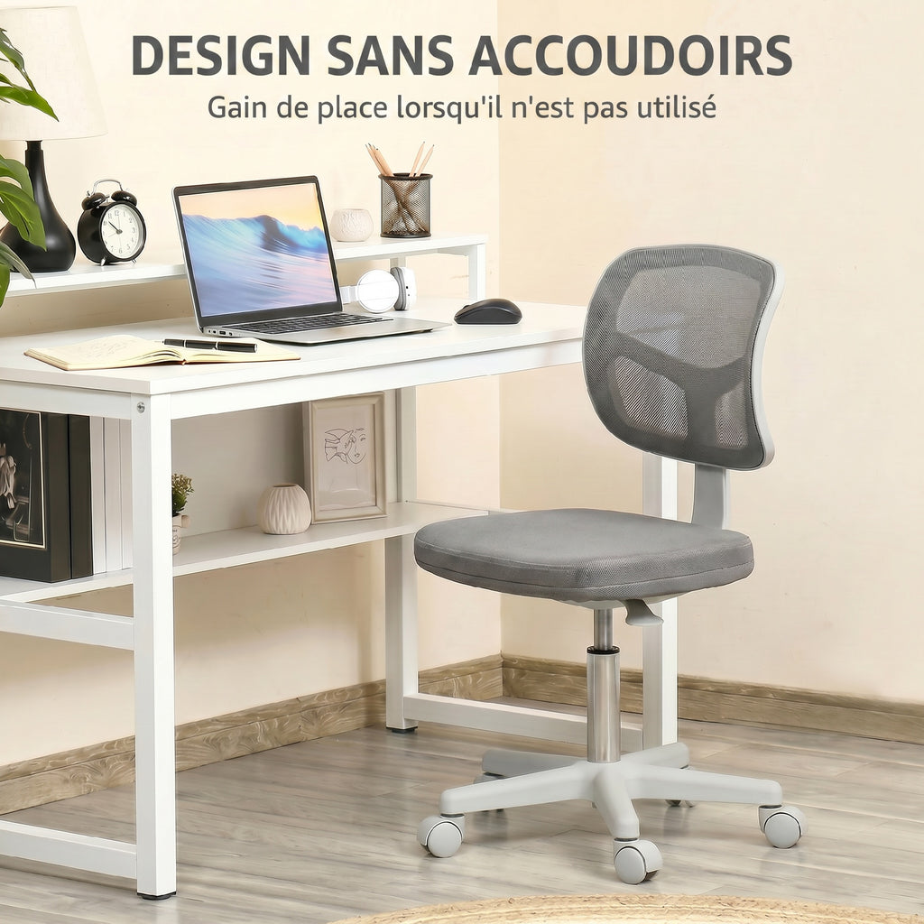 Chaise de Bureau Ergonomique Sans Accoudoirs, Fauteuil de Bureau Pivotant, Dossier Courbé en Maille et Roulettes, Gris-4